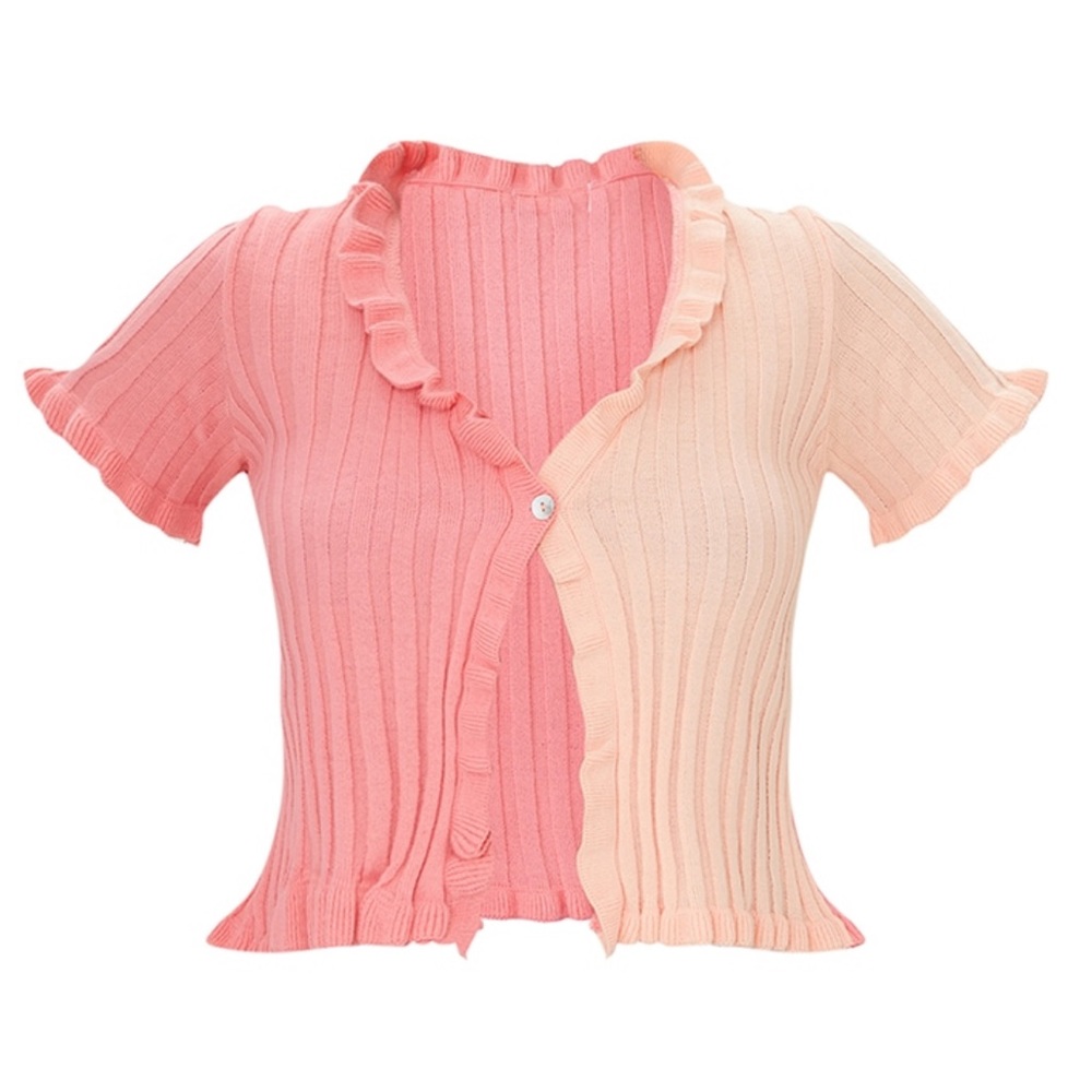 PLT 2 Two Tone Girly Peach Coral Split Crop Bollero Ruffle Hem Cardigan